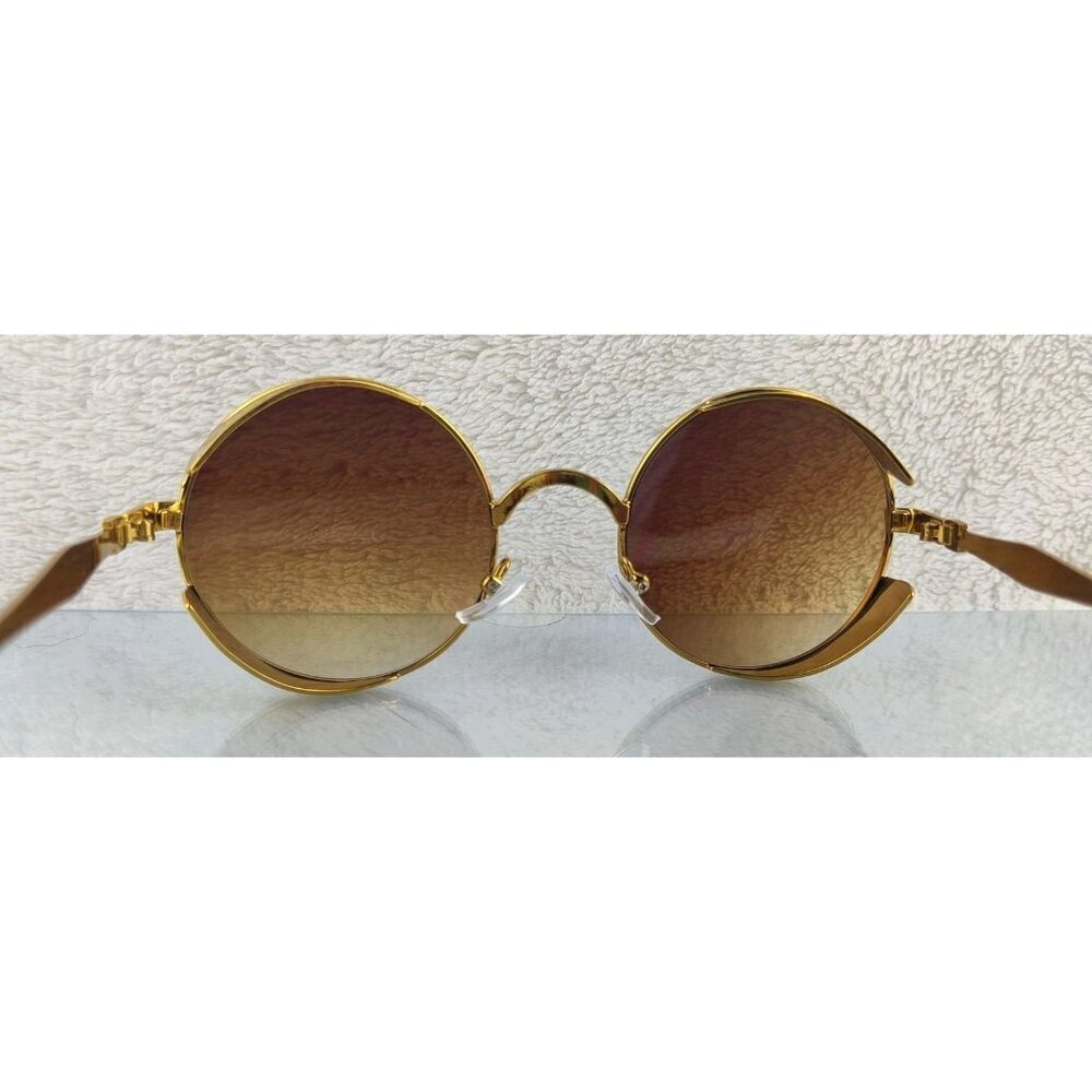 Sunglasses Round Metal Steampunk Gold Frame Brown Lens Diesel Punk Cosplay - Picture 7 of 11